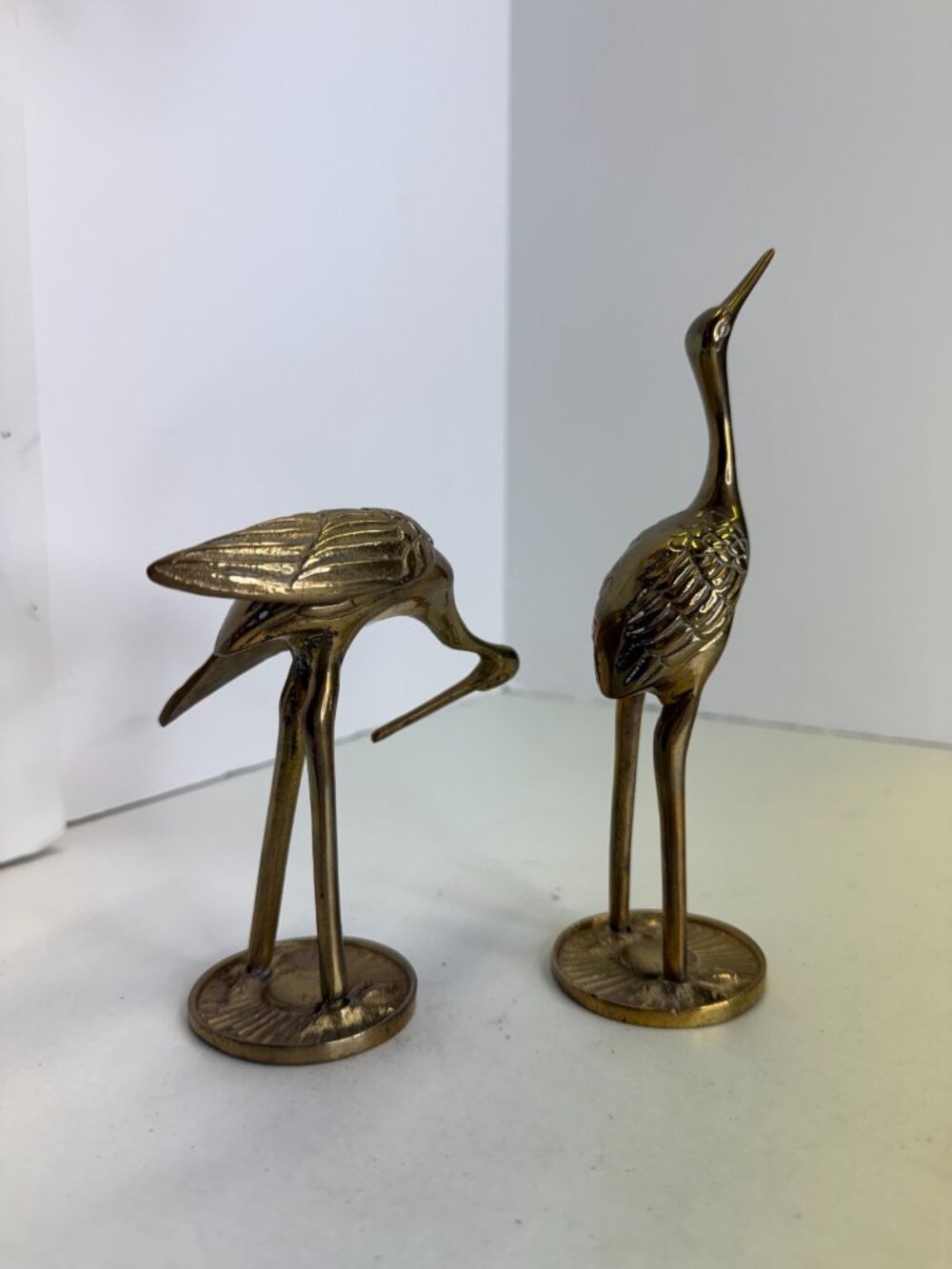 Vintage Brass Bird Pair of 2 Crane Heron Stork Large Figurines 7.5” & 4.5” - Picture 3 of 10
